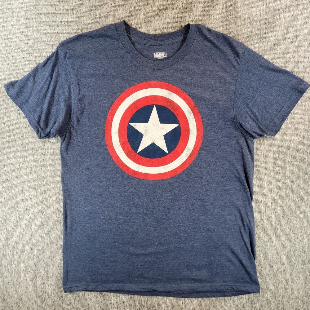 Marvel Captain America T Shirt Mens Large L Heather Blue Shield Graphic Flaw